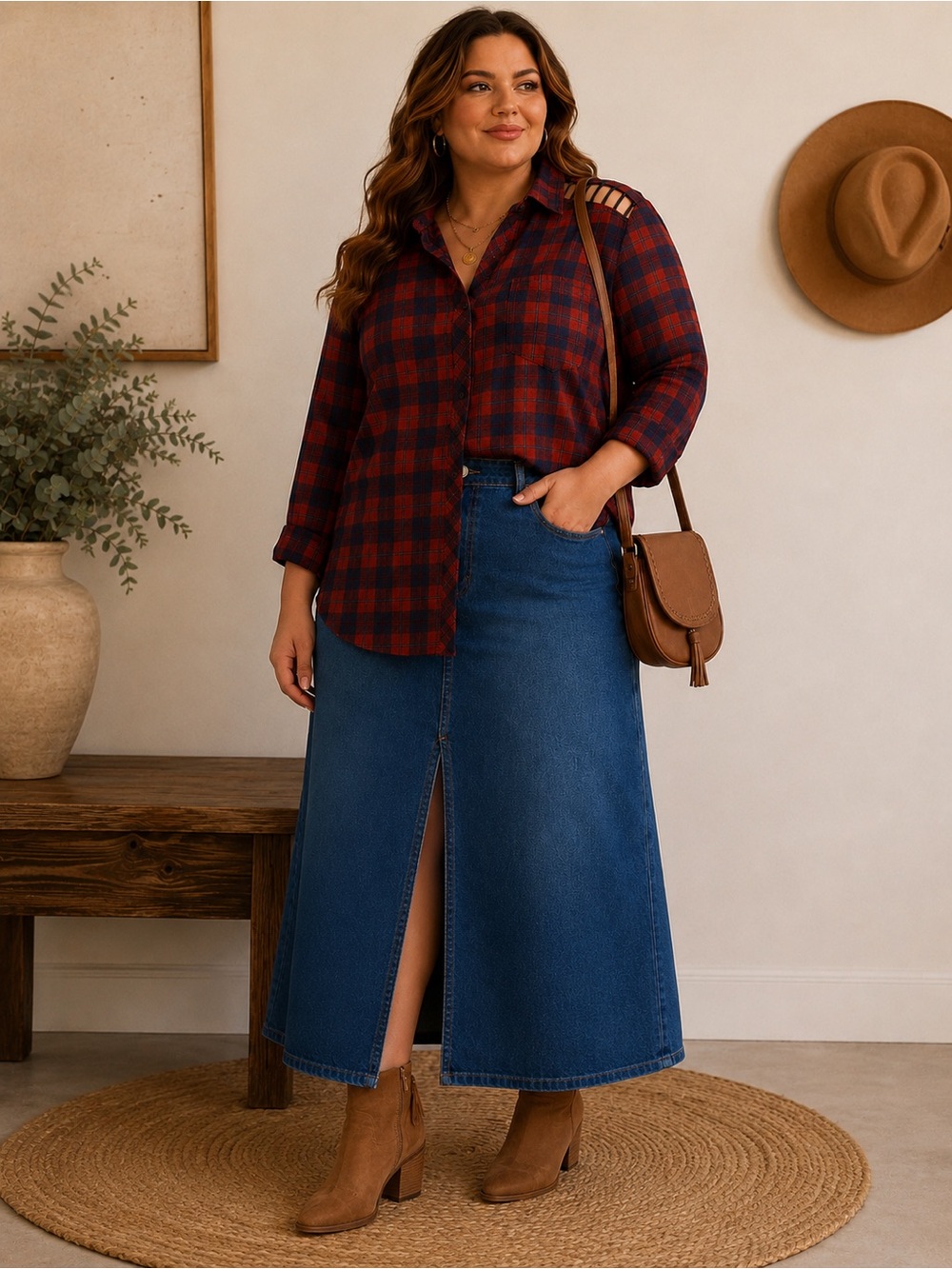 Free People Plaid Cutout Shoulder Top & Pilcro Denim Maxi Skirt Plus Size Outfit